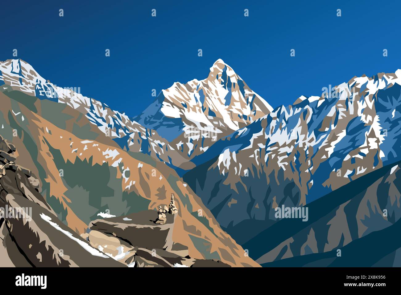 Berg Nanda Devi und Vektor-Illustration aus Stein, einer der besten Berge im indischen Himalaya, gesehen von Joshimath Auli, Uttarakhand, Indien, Indi Stock Vektor