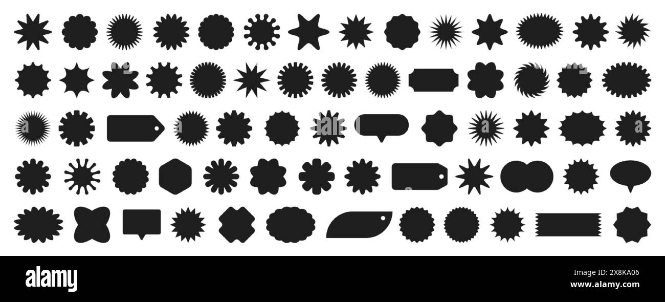 Starburst-Abzeichen oder Werbeschriftungen. Schwarze, gewellte Randaufkleber im Retro-Look, Preisverkaufsmarken, Discount- oder Sonderangebot-Design-Embleme. Leere Vintage-Sale-Sternenbeschreibungen oder Sonnenfeldsymbole. Stock Vektor