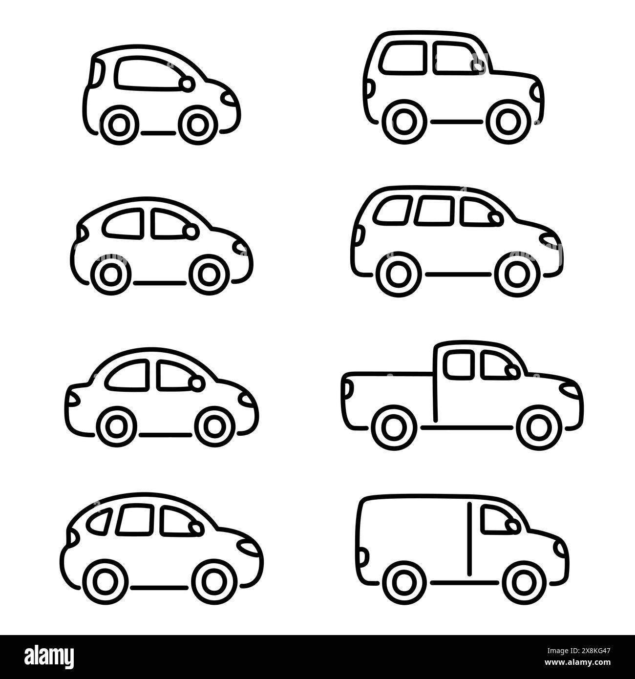 Verschiedene Autotypen in niedlichem, handgezeichnetem Kritzelstil. Limousine und Fließheck, SUV und Crossover, Pickup-Truck und Van. Vektorillust Stock Vektor