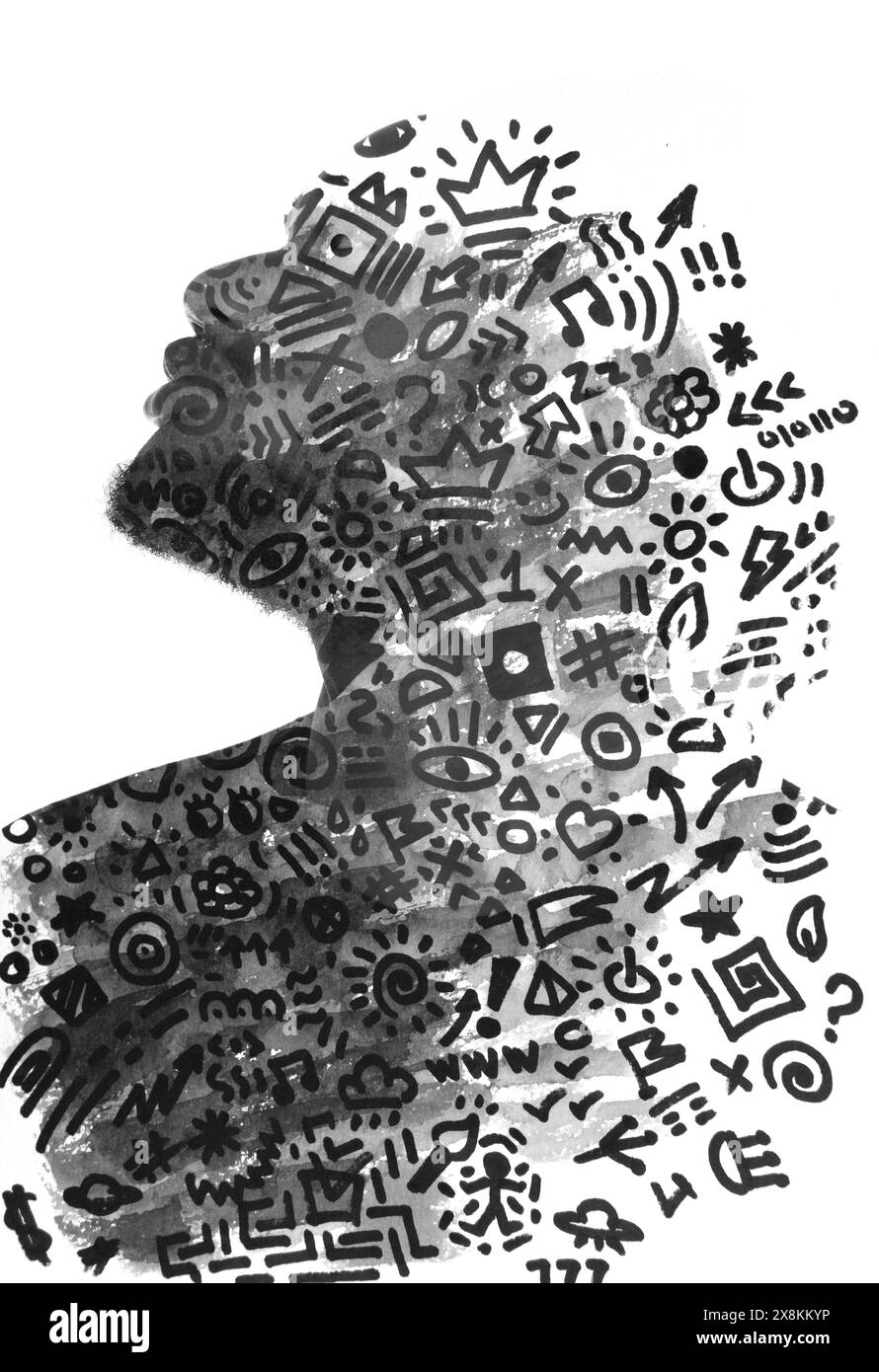 Ein malerisches Profil eines jungen Mannes verschmolz mit einem abstrakten Muster Stockfoto