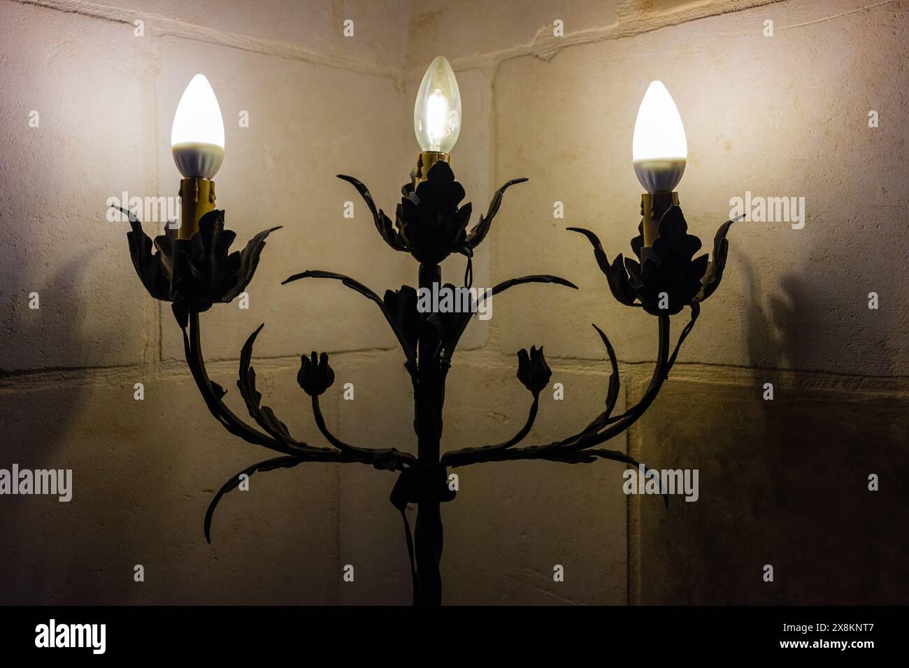 Exquisiter Vintage-Kronleuchter, der ein elegantes Interieur aus der alten Welt beleuchtet. Stockfoto