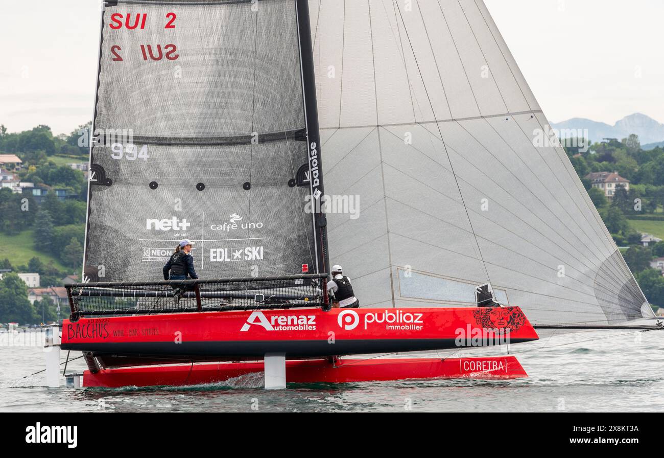 Genf Schweiz, 26.05.2024: Team Bacchus #2 Skipperin Charlotte Lerch beim 1. Grand Prix des M2 Speed ​​Tour 2024. 1. Grand Prix des M2 Speed ​​Tour 2024 und fand bei der Genfer Nautischen Gesellschaft in Genf statt. Quelle: Patrick Dancel/Alamy Live News. Stockfoto