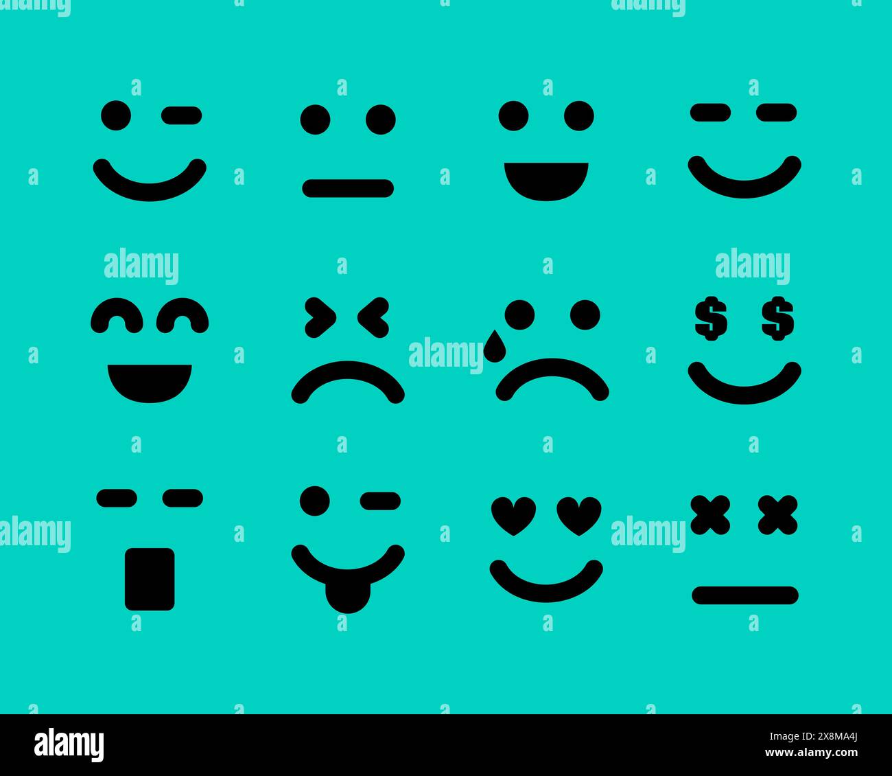 Comic-Gesichter mit Emotionen. Set aus zwölf verschiedenen Emoticons. Vektorabbildung Stock Vektor