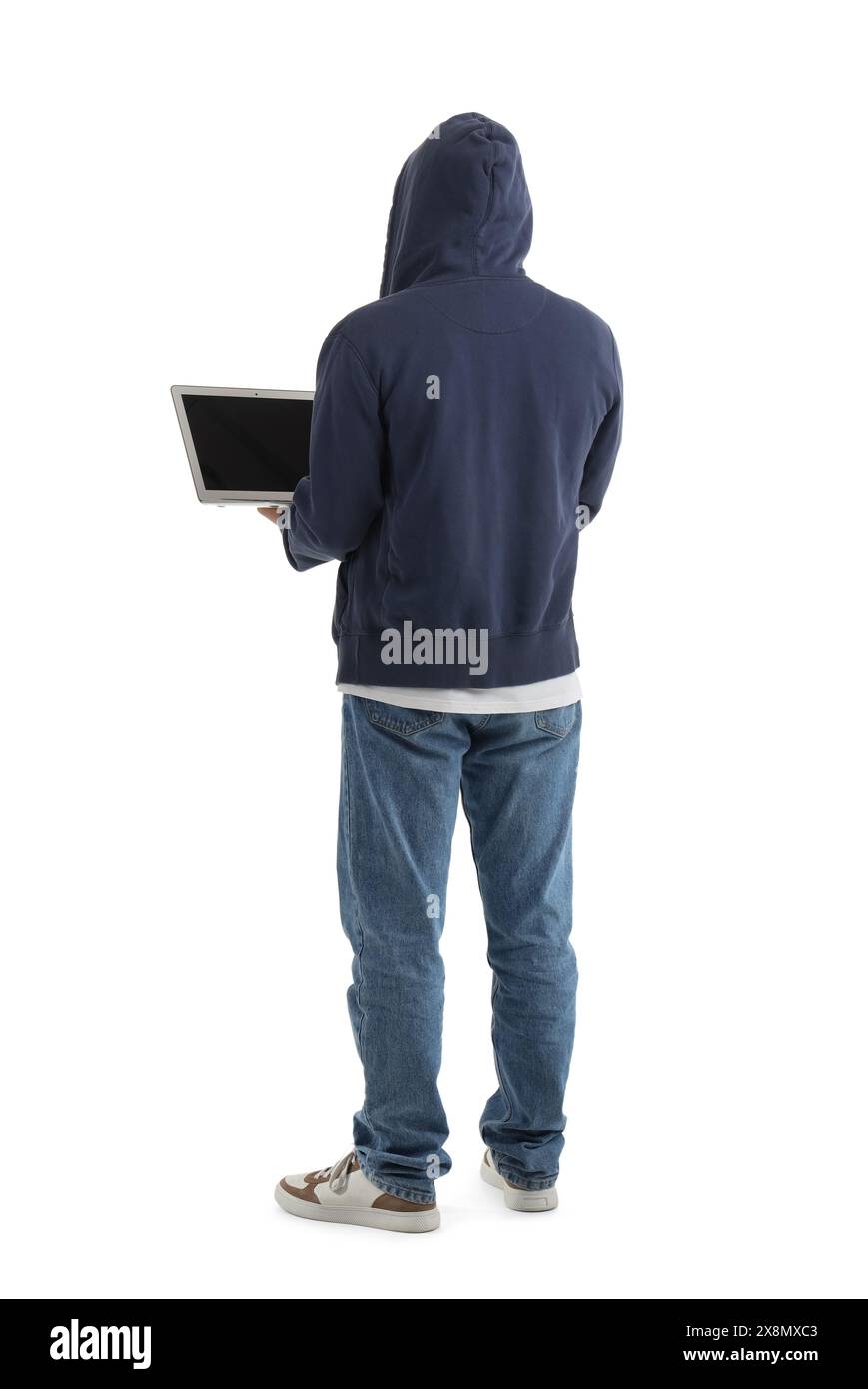 Hacker mit Laptop auf weißem Hintergrund Stockfoto
