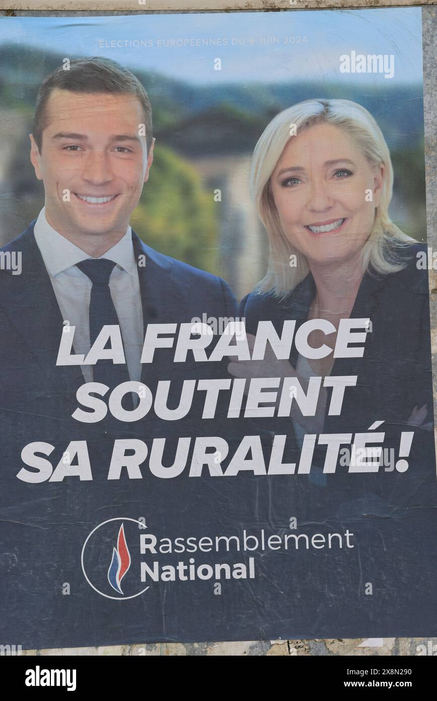 Wahlplakat des französischen Abgeordneten Jordan Bardella, Leiter der nationalen Rassemblement-Liste für die Europawahlen 2024. Europawahlen, Frankreich, EU Stockfoto