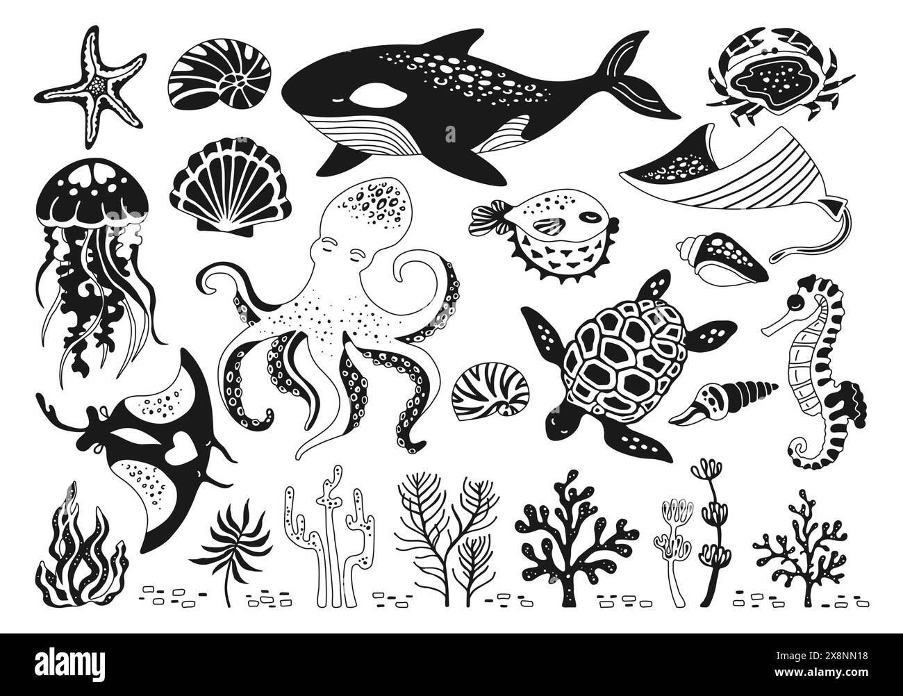Meerestiere kritzelnd Umrissset. Marine-Comic-Zeichentrick-Glyphe-Design für Kinder Quallen, Muscheln und Seepferdchen, Fische. Seesterne, Schildkröten und Kraken, Krabben, Wale, medusa-Vektor Stock Vektor