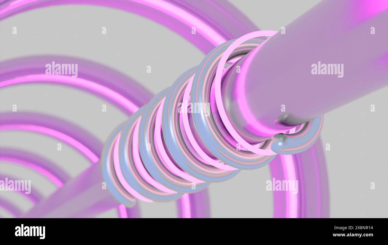 Tunnel mit Metallrohr und beweglichen Spiralen. Design. Metallrohr in Tunnel mit rotierenden Neonlinien. Neon- und Metalllinien bewegen sich spiralförmig auf dem Rohr hinein Stockfoto