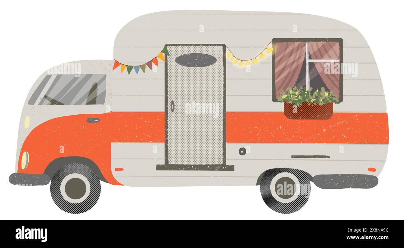 Retro, Minivan Illustration. Sommerurlaub, Campingbus. Stockfoto