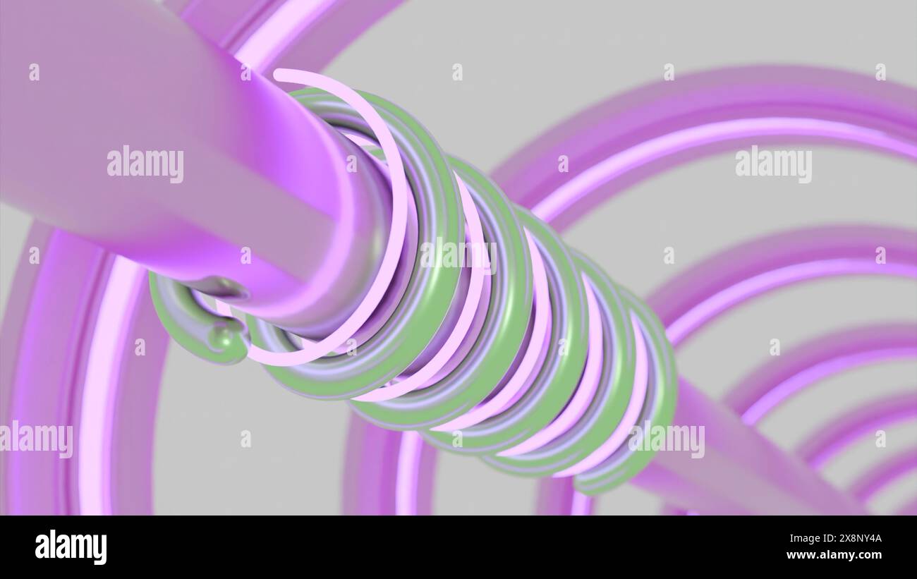 Tunnel mit Metallrohr und beweglichen Spiralen. Design. Metallrohr in Tunnel mit rotierenden Neonlinien. Neon- und Metalllinien bewegen sich spiralförmig auf dem Rohr hinein Stockfoto