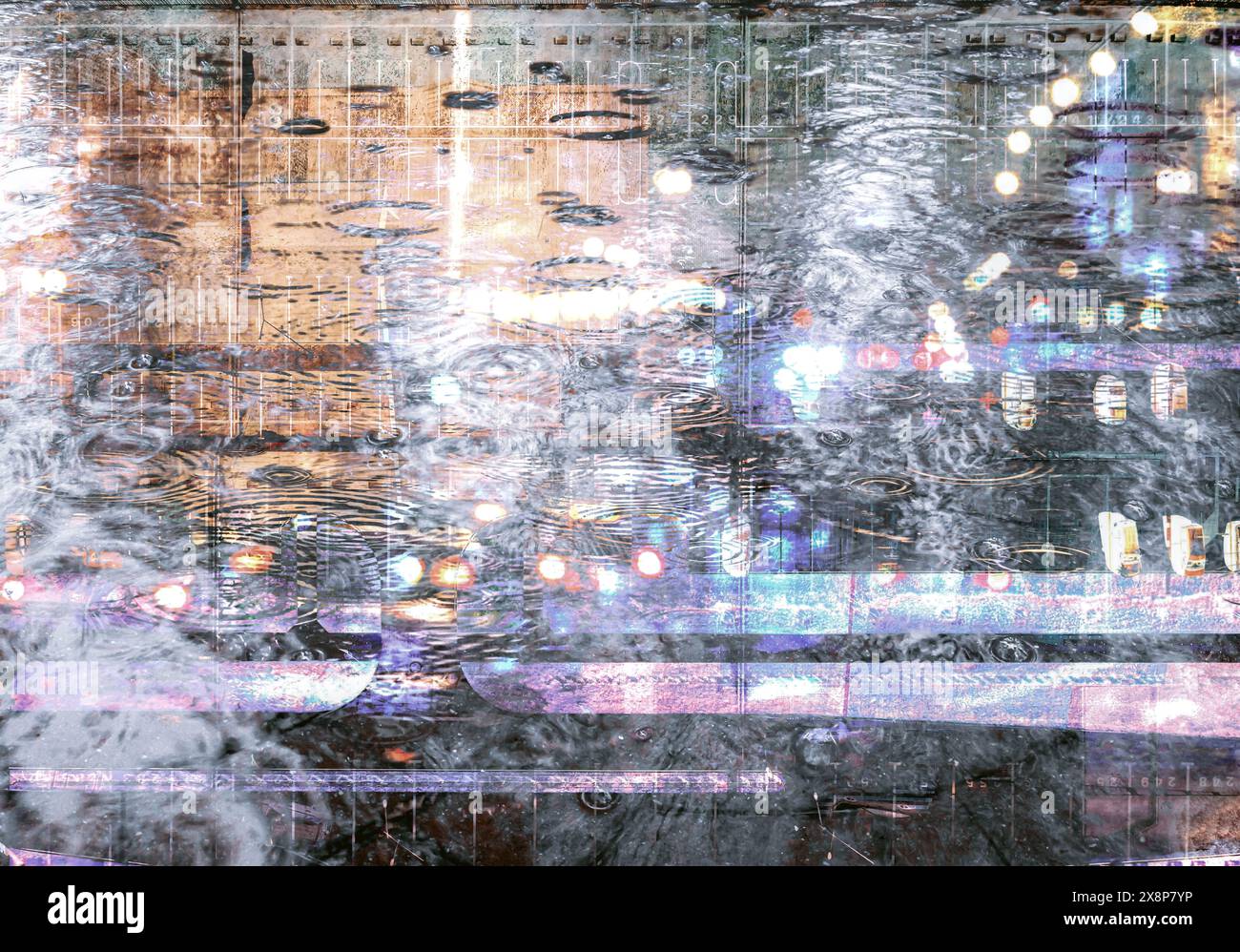 Abstrakter urbaner Hintergrund mit Mehrfachbelichtung. Regnerisches Wetter. Nachtblick. Stockfoto