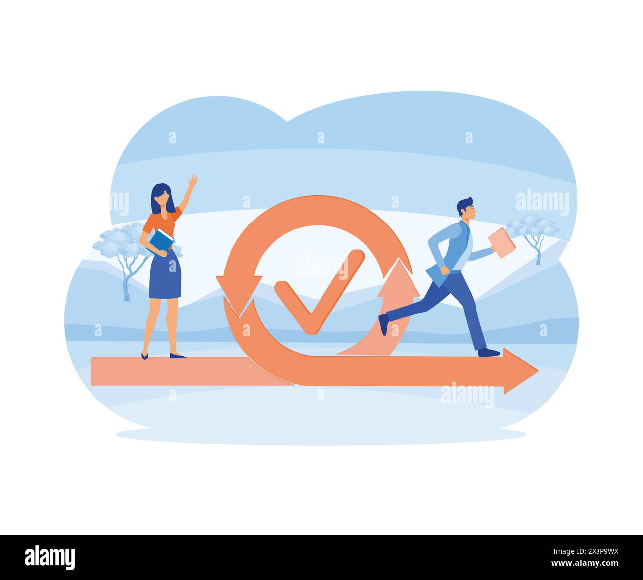 Geschäftskonzept der agilen Entwicklungsmethodik. Agile Life Cycle für Software-Entwicklungsdiagramm. Geschäftsleute laufen in ein Projekt. Flat Vector Moder Stock Vektor