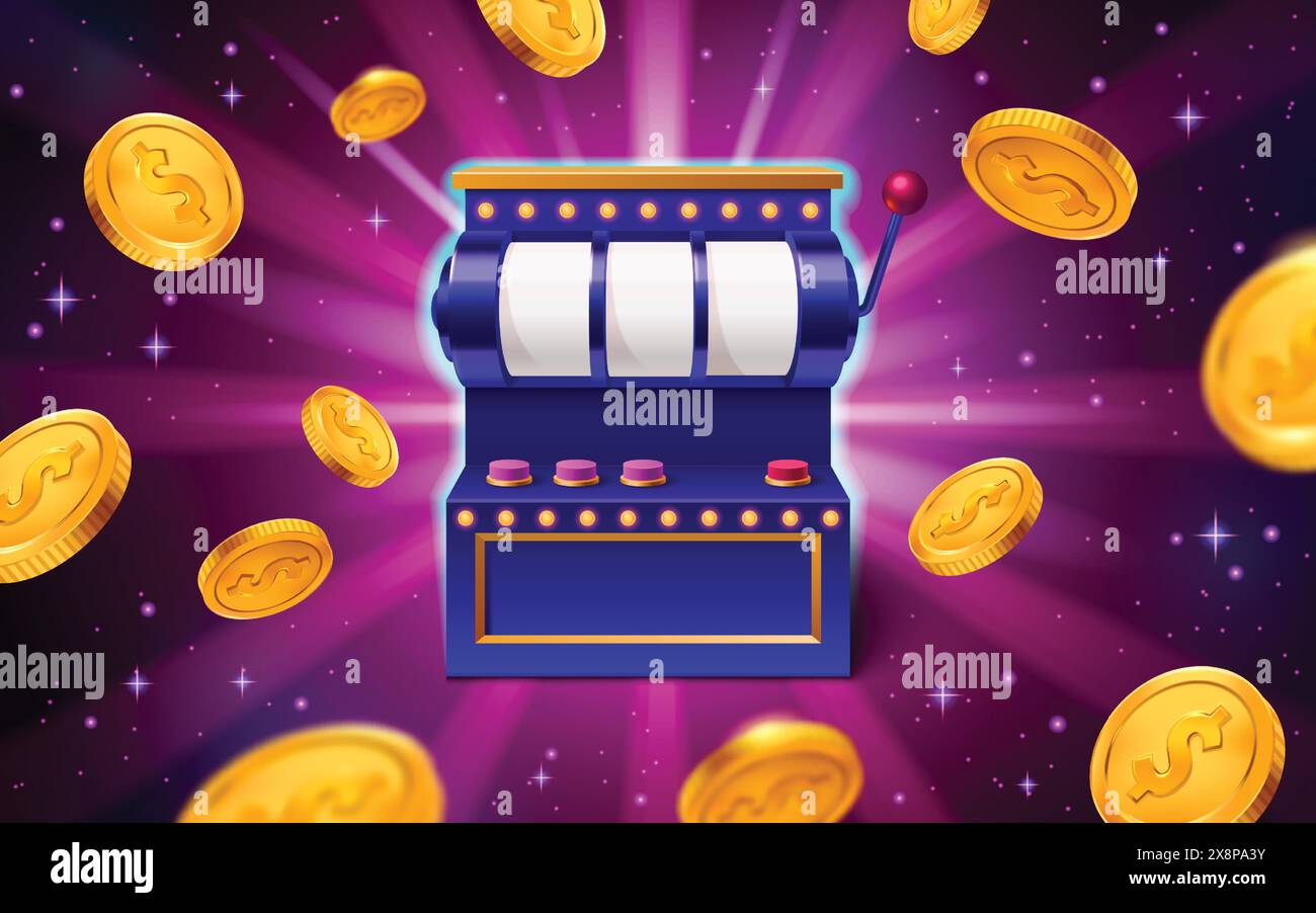 Casino-Spielautomat mit Griff zur Verlosung. Leeres Lotterie-Banner für ui-Drehrad-Design. Glückschance mit Goldmünze. Zufällige Las vegas Glücksspielrolle für Wetthintergrund Stock Vektor
