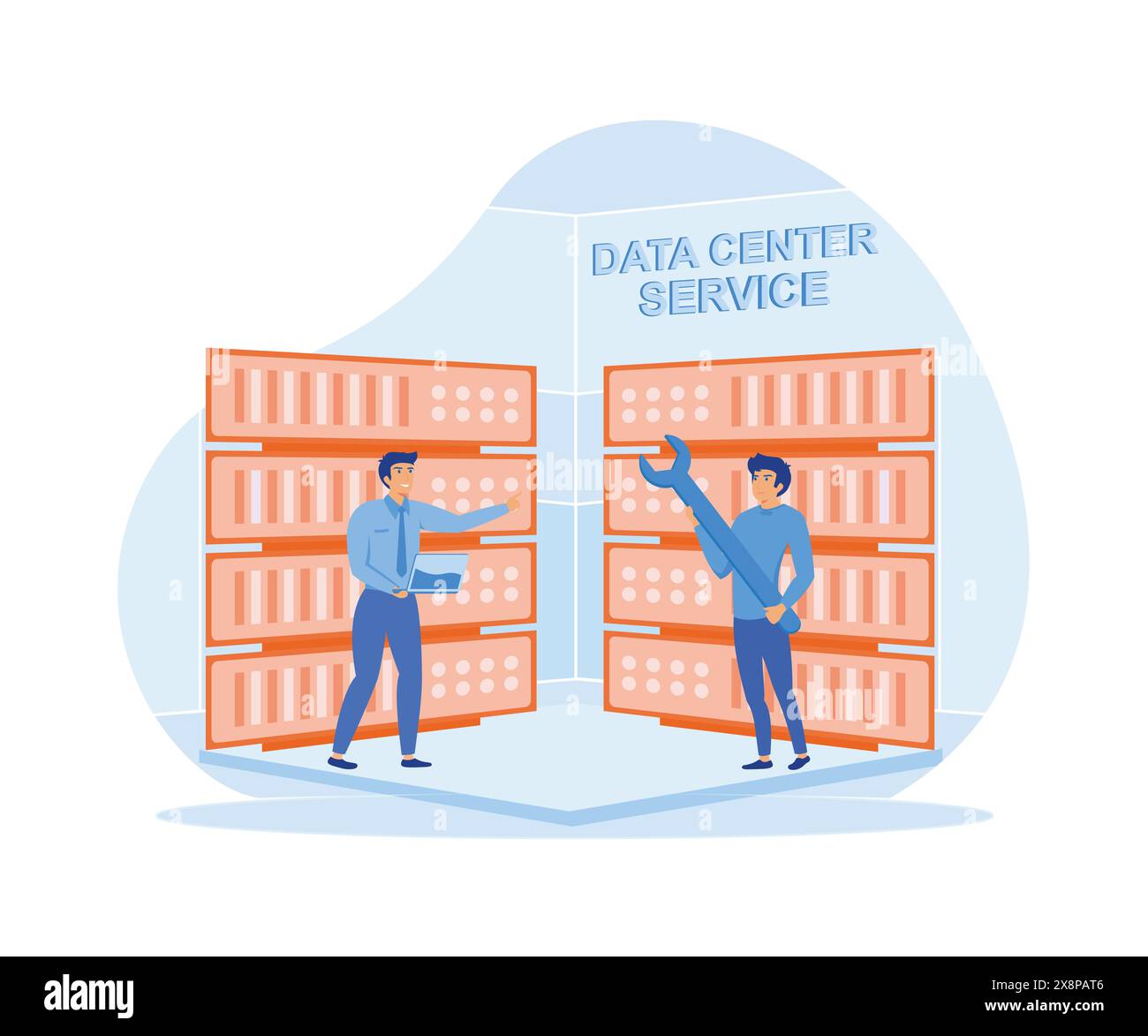Servicetechniker Administratoren richten Rechenzentren ein. Des Einstellungsvorgangs. Konzept für Rechenzentrumsservices. Moderne Illustration des flachen Vektors Stock Vektor