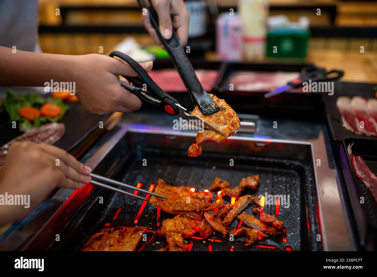 Shabu and Grill ist berühmtes japanisches Essen. Enthält Meeresfrüchte, Schweinefleisch, Huhn, Rindfleisch und Gemüse. Stockfoto