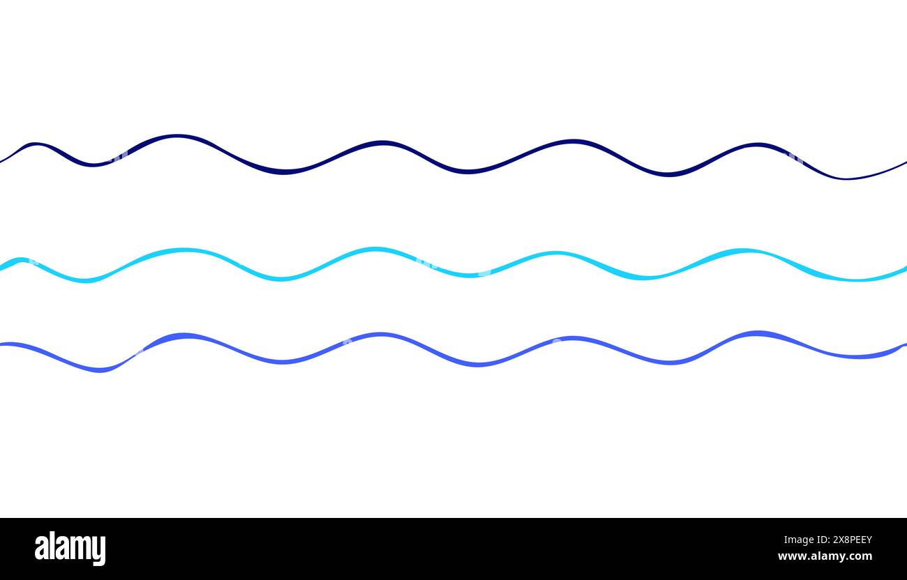 Blaue Meereswellen oder Wasserströmung nahtlose horizontale Grenze. Handgezeichnete farbige einfache Linien. Seesturm Scribble. Vektorabbildung in Doodle Stock Vektor