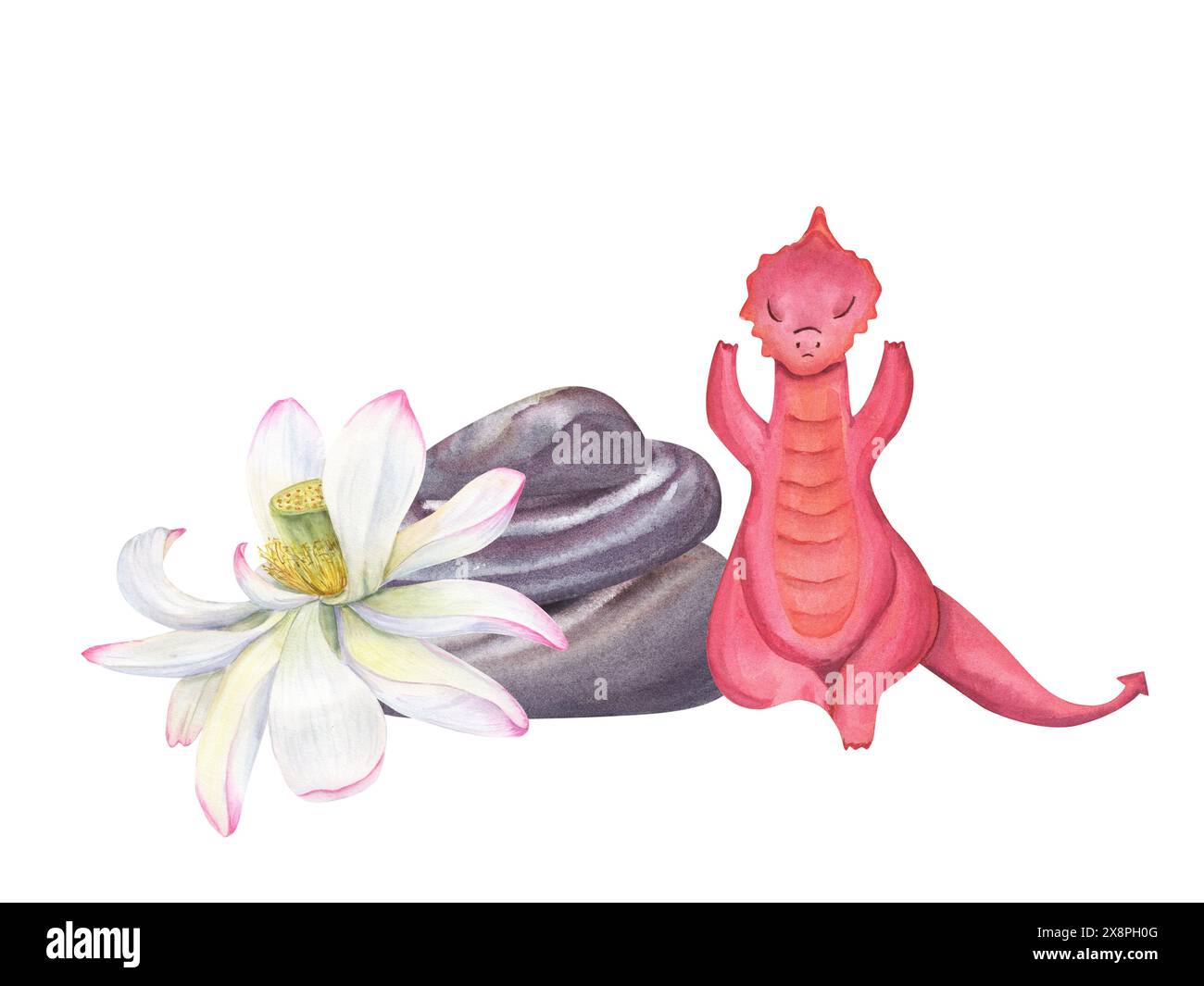 Roter Drache, der auf Bergstein meditiert. Yoga-Übungen bei Tieren. Abstrakter Drache. Aquarellabbildung isoliert auf weißem Hintergrund. Für Stockfoto