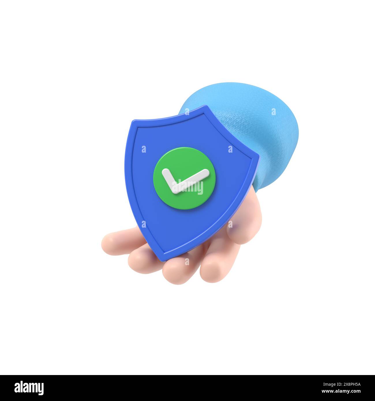 Cartoon Gesture Icon Mockup.3D Hand hält Sicherheitsschild und Vorhängeschloss. Schutz personenbezogener Daten. Konzept für sicheren Zugriff. Erfolgreiche Verifizierung.3D r Stockfoto
