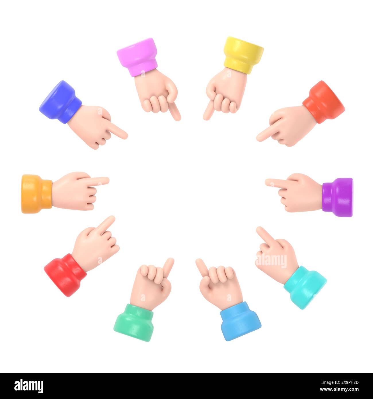 Mockup Des Symbols Für Zeichentrickgesten. Finger zeigen auf leere Stelle. Flache Abbildung erstellen.3D-Rendering auf weißem Hintergrund. Stockfoto