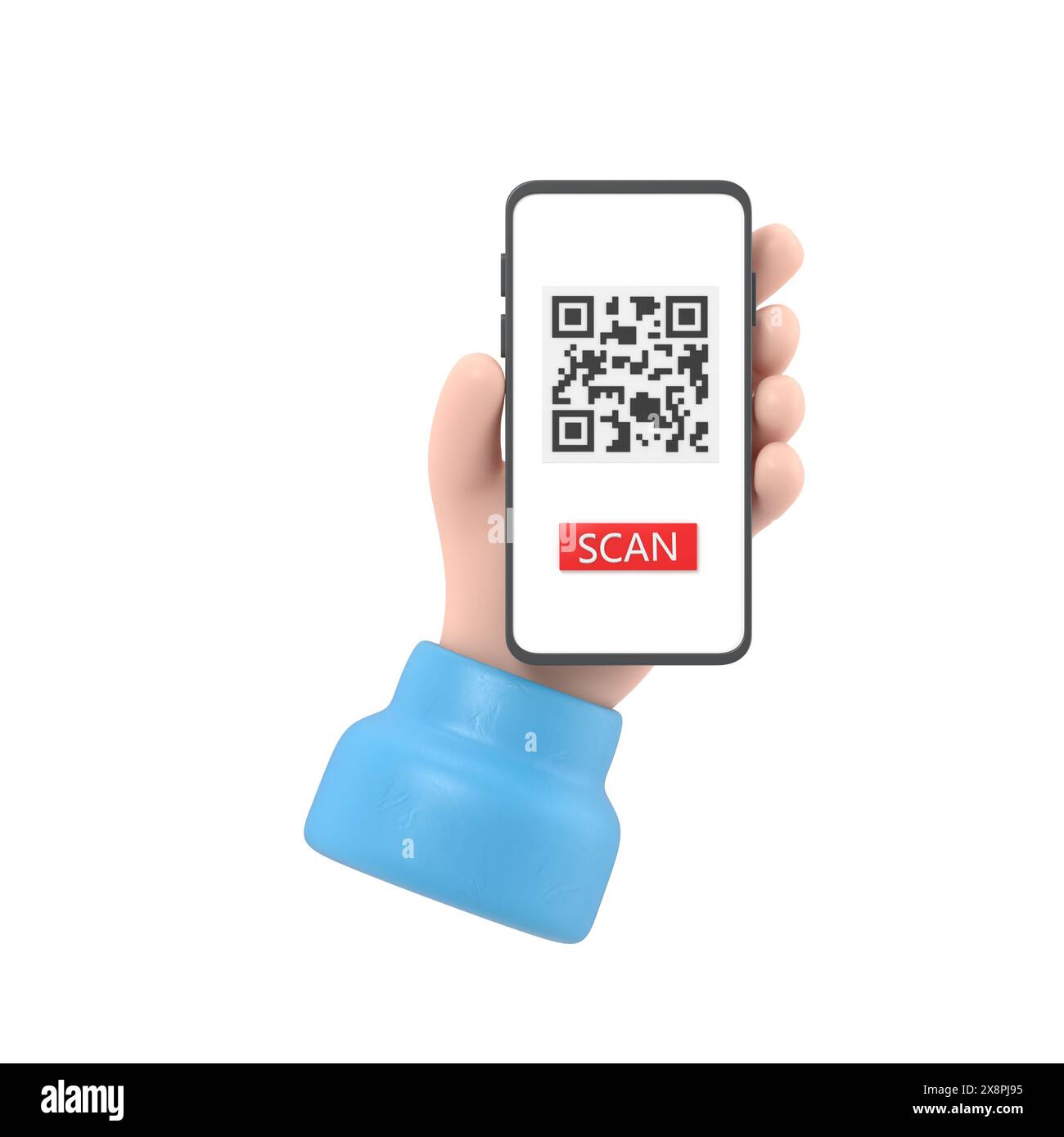 3D-Cartoon-Rendering weibliche Hand hält das Smartphone und nutzt den mobilen App-Service mit Scan QR-Code-Banner-Design. Technologie und Geschäftskonzept.3D-Renderin Stockfoto