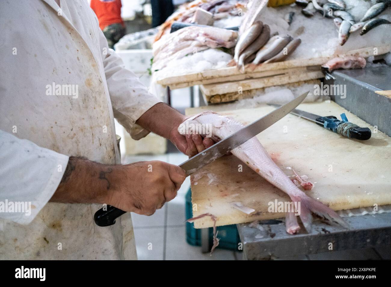 Nahaufnahme eines Verkäufers, der einen Fisch auf dem zentralen Markt von Casablanca reinigt, im Art déco-Viertel, dem europäischen Viertel der Stadt un Stockfoto