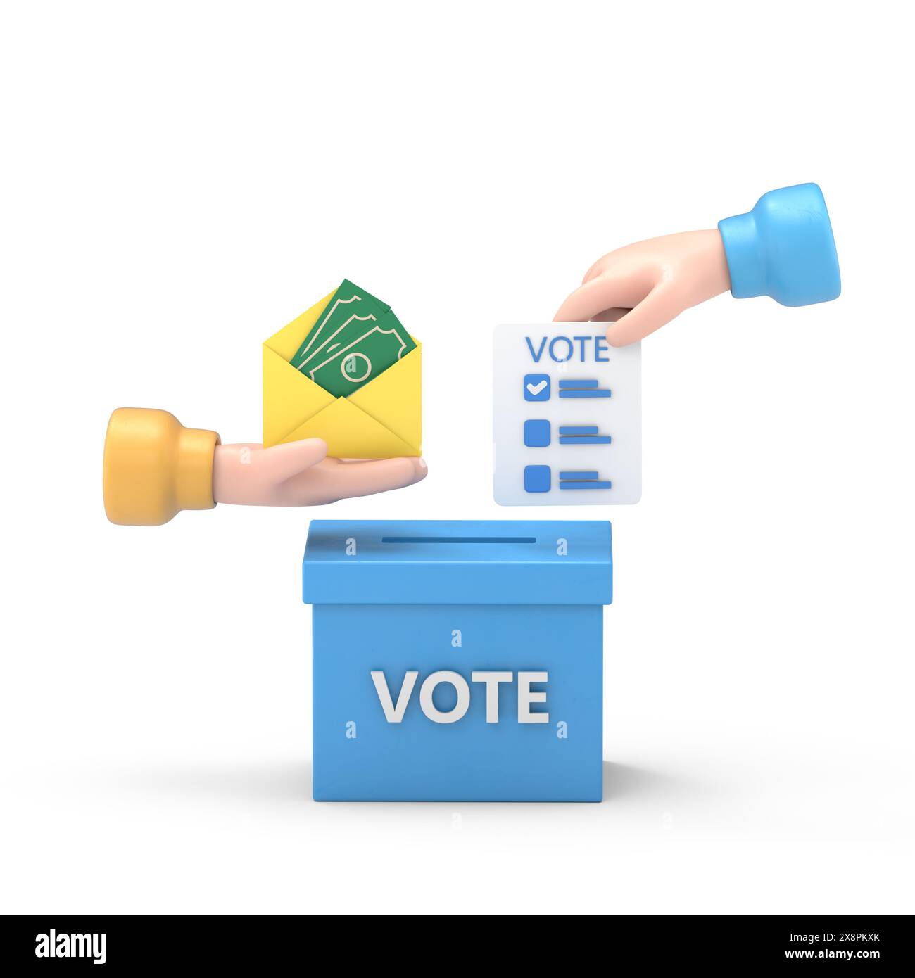 Zeichentrickgestensymbol Mockup.3D Hand, die Stimmzettel in den Wahlzettel legt. Wahlen, Abstimmung, Wahlgang, Bürgerbeteiligung am Wahlkonzept. 3D Stockfoto