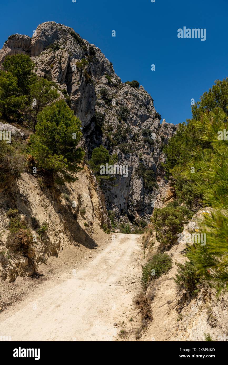 Feldweg durch die Wildnis, Paso el Contador - der Pass zwischen Sella und Guadalest Tal, Alicante, Spanien - Stockfoto Stockfoto