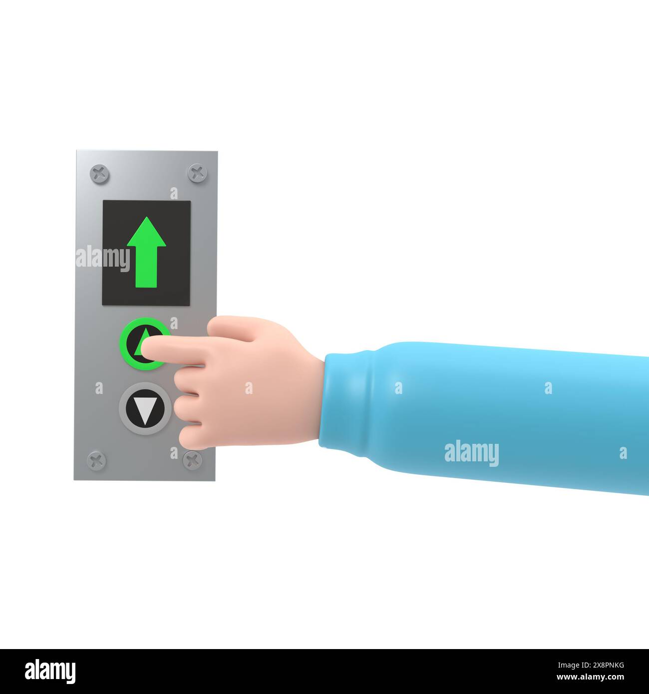 Geschäftsmann drückt den Lift-Knopf. Flache 3D-Illustration. Rufen Sie den Fahrstuhl an. Pfeil nach oben. Steigen Sie in die oberste Etage. Finger auf die Schaltfläche.3D-Rendering ein Stockfoto