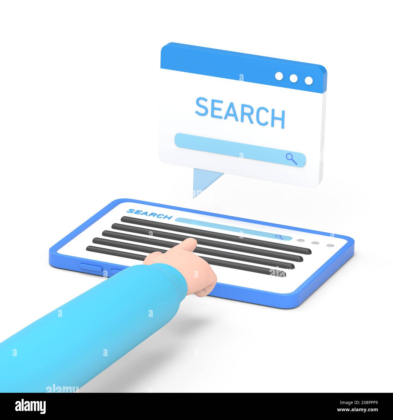 Mockup Des Symbols Für Zeichentrickgesten. Flache 3D-Isometrie Geschäftsmann Hand Verwenden Sie Tablet, um Suchbegriffe in der Suchmaschine zu suchen. Keyword Research und seo Concept.3D r Stockfoto