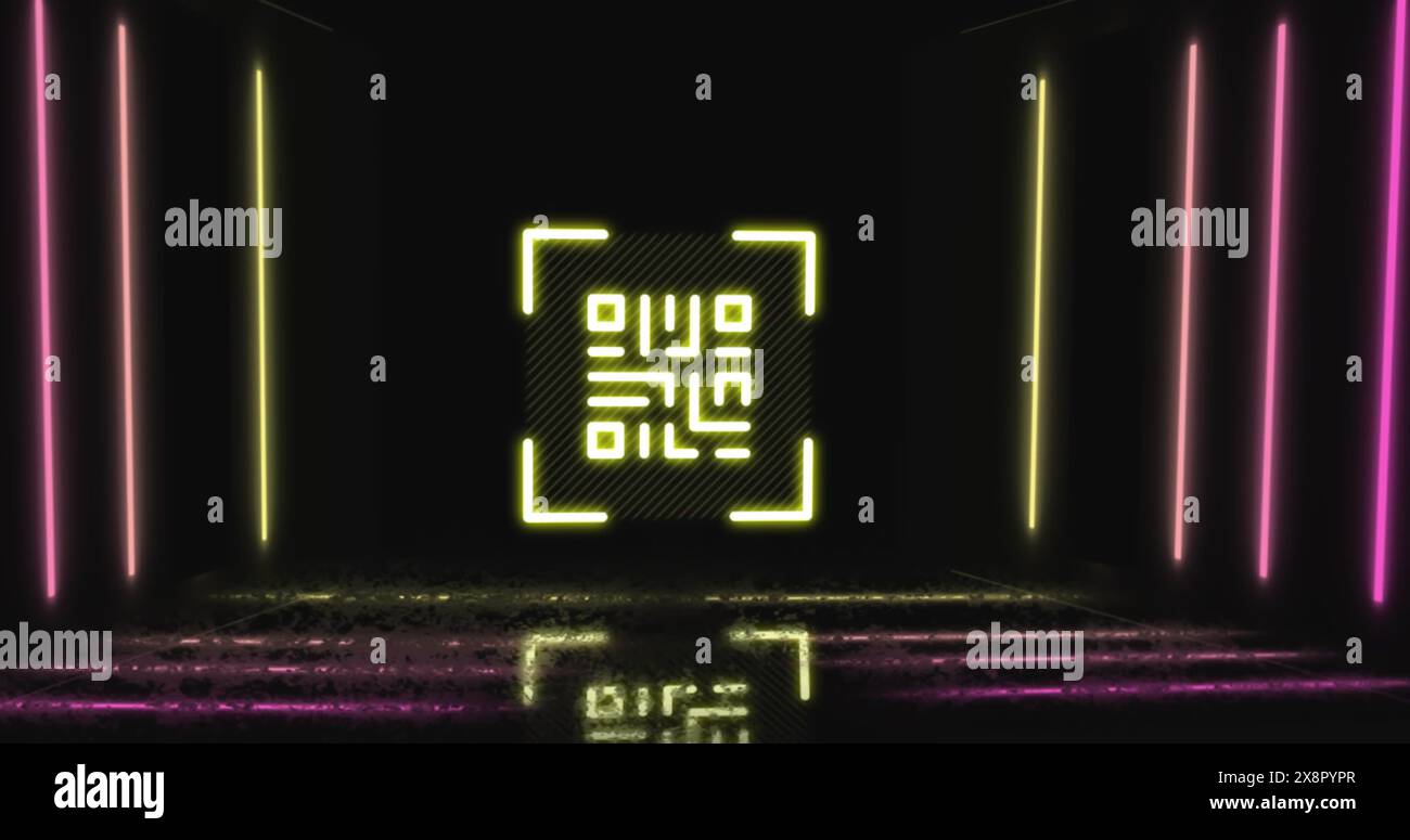 Bild: Leuchtender qr-Code über Neonlinien Stockfoto