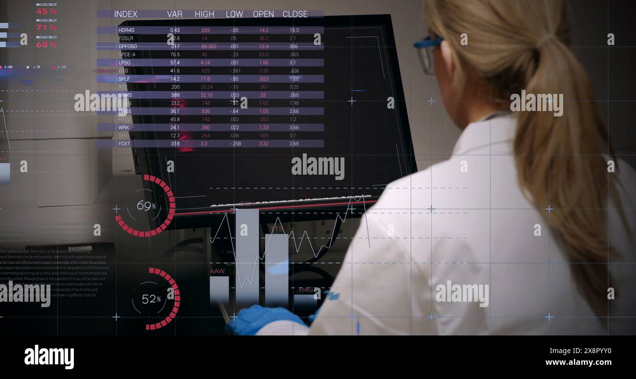 Die Rückansicht eines Arztes, der ein dna-Molekül auf einem Computer in einem Krankenhaus betrachtet, ist abgebildet Stockfoto