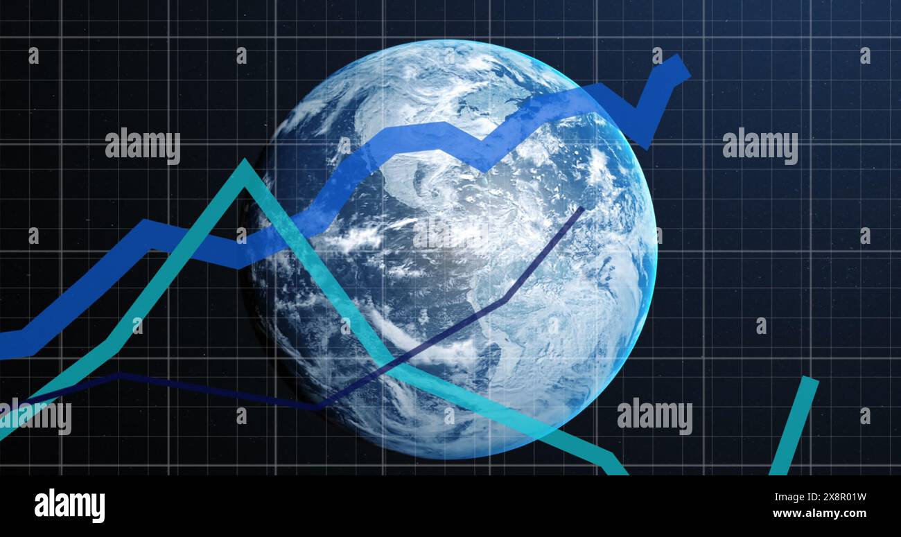 Bild der statistischen Datenverarbeitung über das Gitternetz gegen den sich drehenden Globus im Weltraum Stockfoto