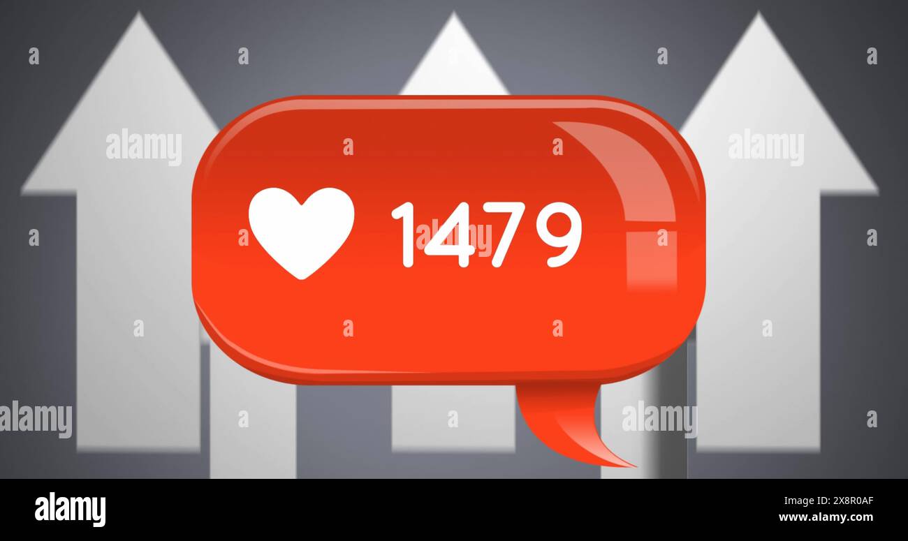 Bild der Herzform und der sich ändernden Zahl in der Benachrichtigungsleiste über Pfeilen auf grauem Hintergrund Stockfoto