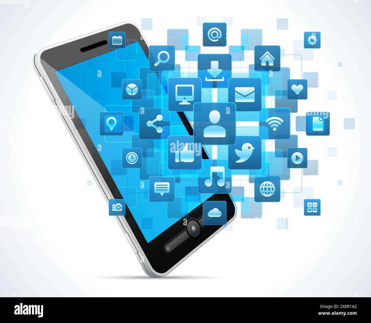 Ein Smartphone zeigt eine Reihe von Symbolen für soziale Medien und Konnektivität in Blautönen, die digitale Kommunikation und Online-Netzwerkaktivitäten symbolisieren Stock Vektor