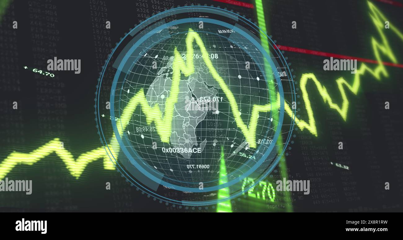 Bildpfeil bewegt sich nach oben über Diagramme und Globus mit Zahlen Stockfoto