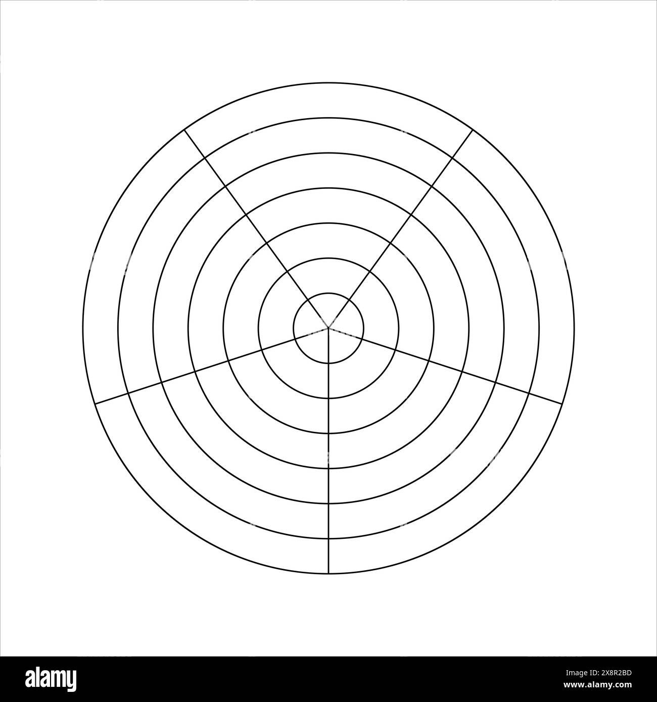 Runddiagramm mit konzentrischen Kreisen, die auf 5 gleiche Sektoren aufgeteilt sind. Tortendiagramm, Lebensrad oder Habits Tracker-Vorlage mit 5 isolierten Segmenten Stock Vektor