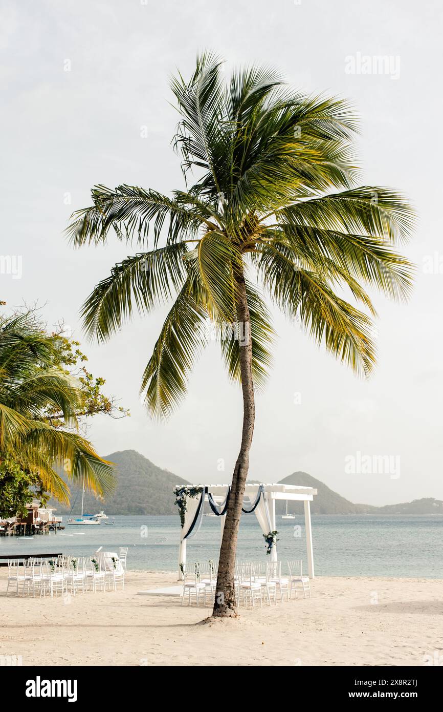 Palmen Rahmen Strand Hochzeit Einrichtung in St. Lucia mit Ozean Hintergrund Stockfoto