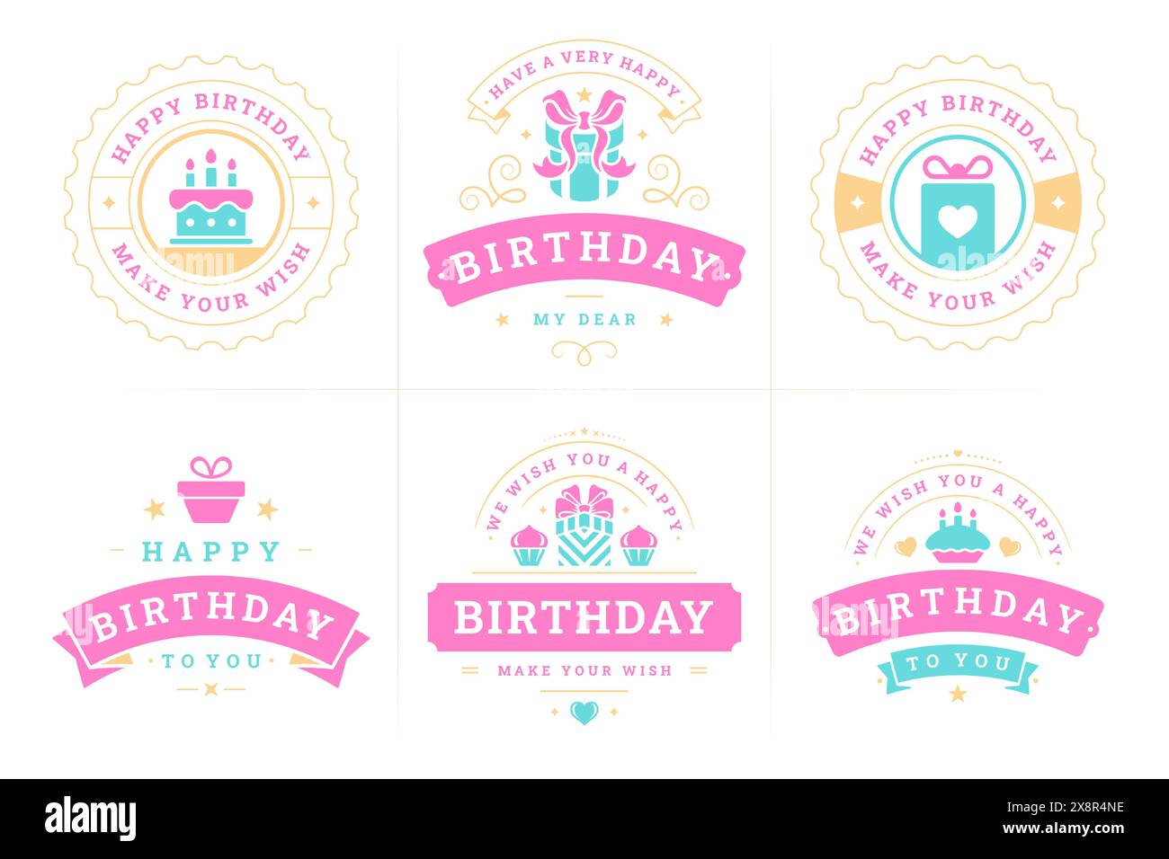 Alles Gute zum Geburtstag rosa Band Vintage-Etikett und Abzeichen Set für Grußkarte Design Vektor flache Illustration. Geburtstag altmodisches Emblem für f Stock Vektor