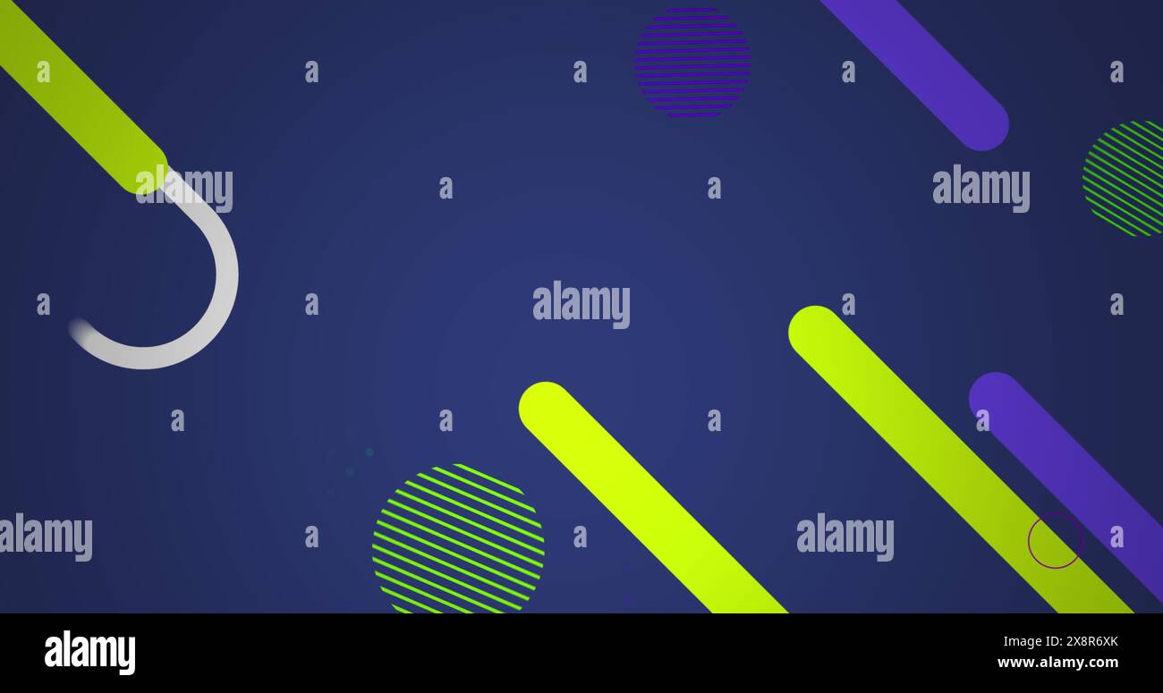 Bild von mehrfarbigen abstrakten Formen, die sich auf violettem Hintergrund bewegen Stockfoto