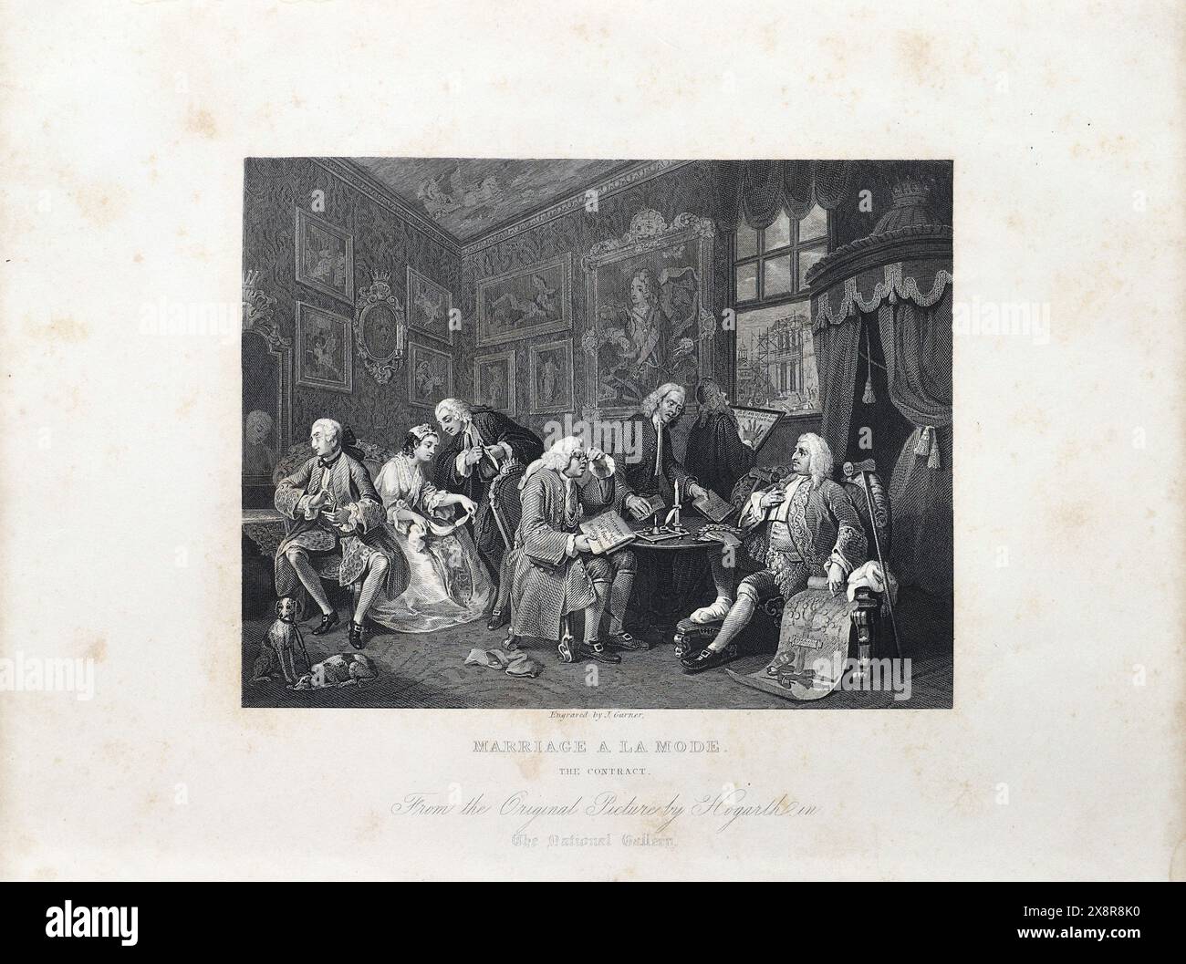 Schwarzweiß-Illustration: „Der Vertrag“. Stich nach William Hogarth (1697–1764) aus seiner Serie „Marriage a la Mode“ Stockfoto