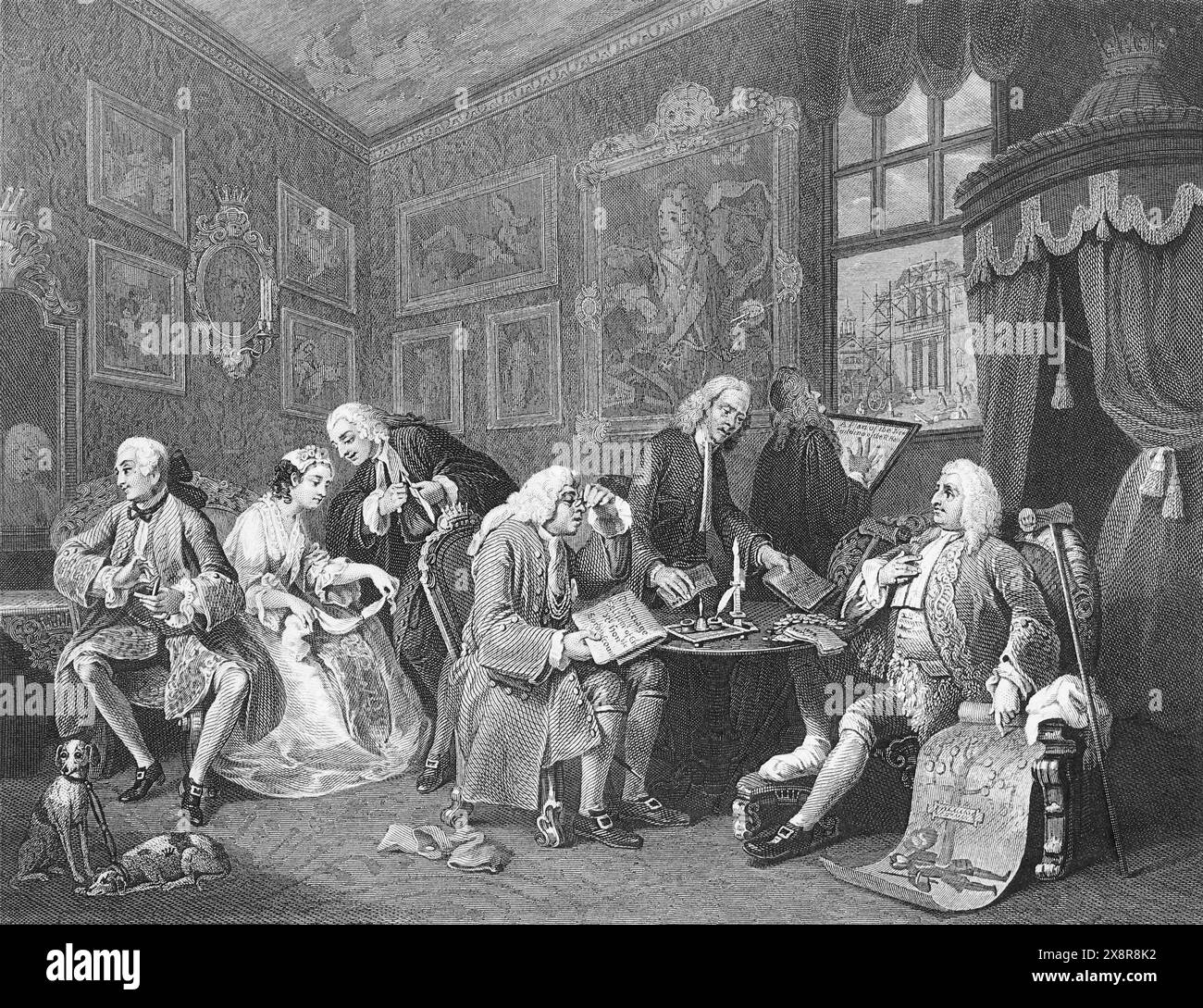 Schwarzweiß-Illustration: „Der Vertrag“. Stich nach William Hogarth (1697–1764) aus seiner Serie „Marriage a la Mode“ Stockfoto