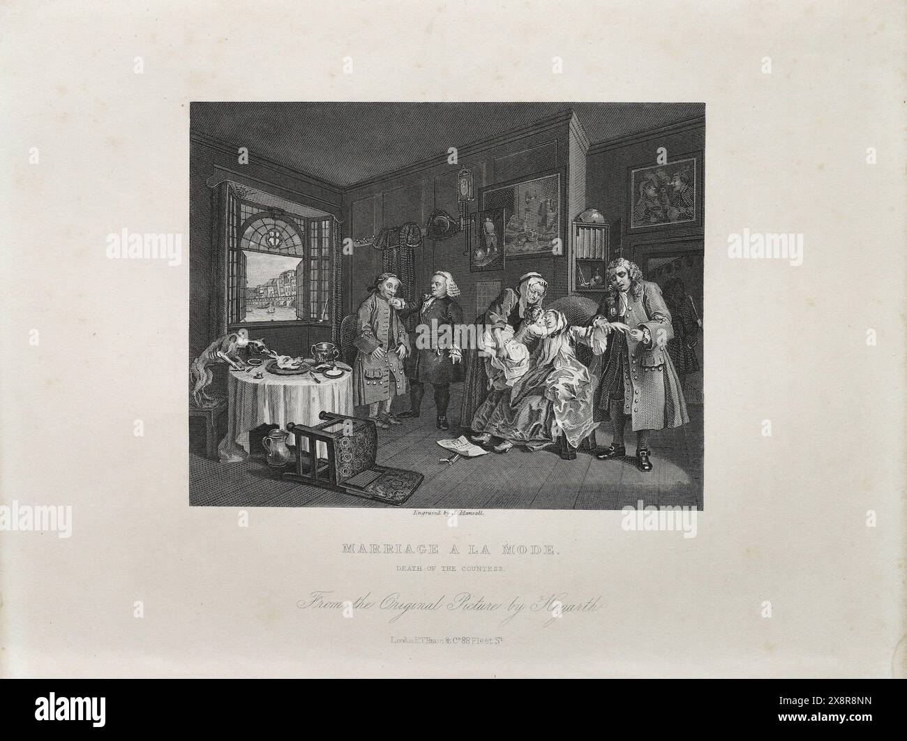 Schwarz-weiß-Illustration: 'Tod der Gräfin'. Stich nach William Hogarth (1697–1764) aus seiner Serie „Marriage a la Mode“ Stockfoto