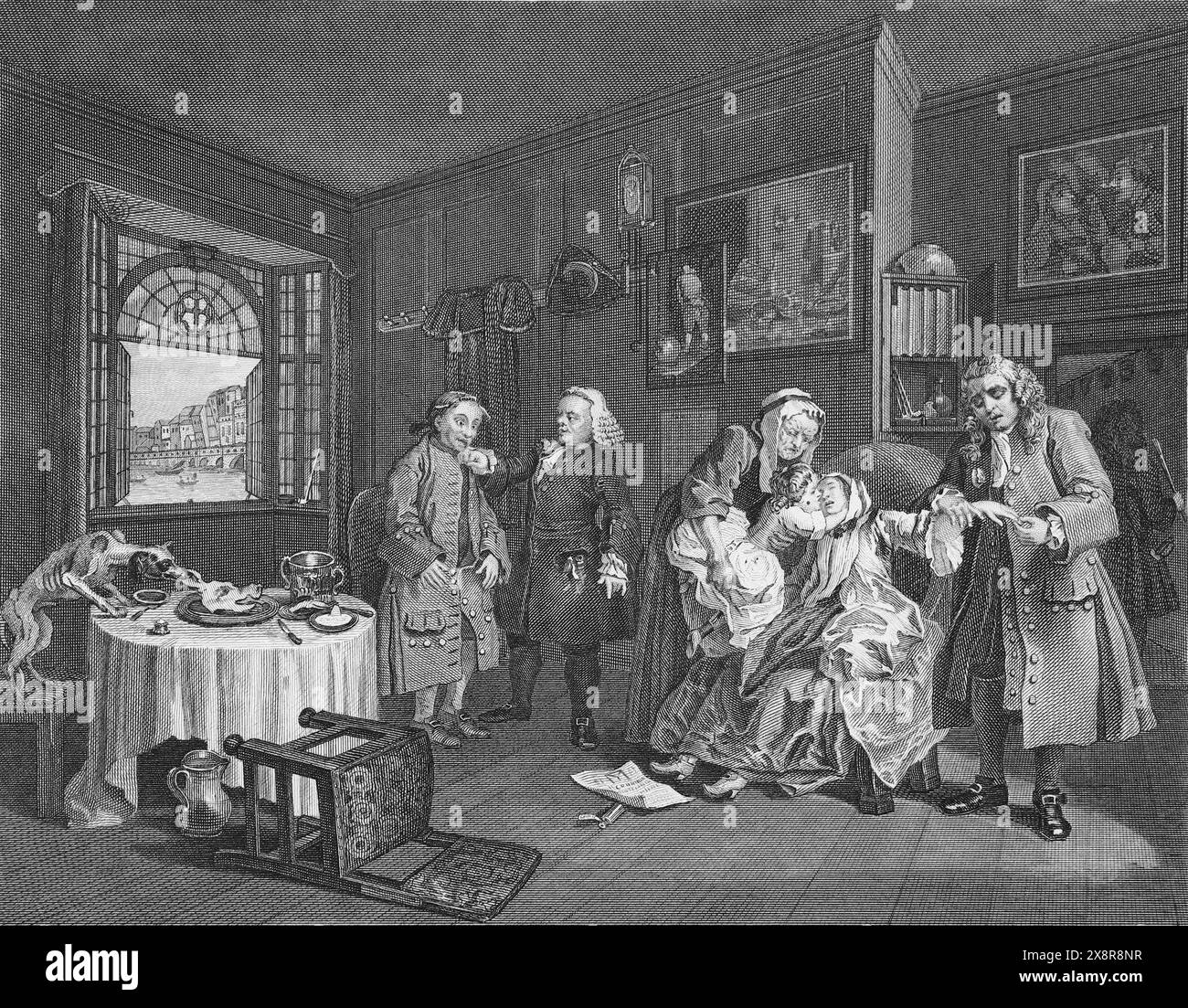 Schwarz-weiß-Illustration: 'Tod der Gräfin'. Stich nach William Hogarth (1697–1764) aus seiner Serie „Marriage a la Mode“ Stockfoto