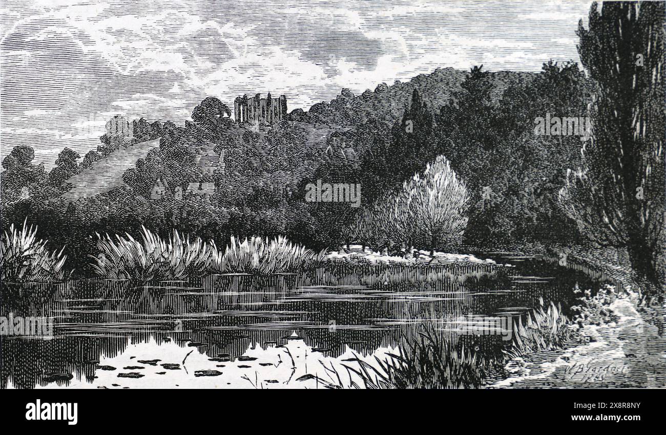 Die Ruinen der St. Catherine's Chapel, St. Catherine's Hill, Guildford, Surrey, vom Fluss aus gesehen. Schwarzweiß-Illustration Stockfoto