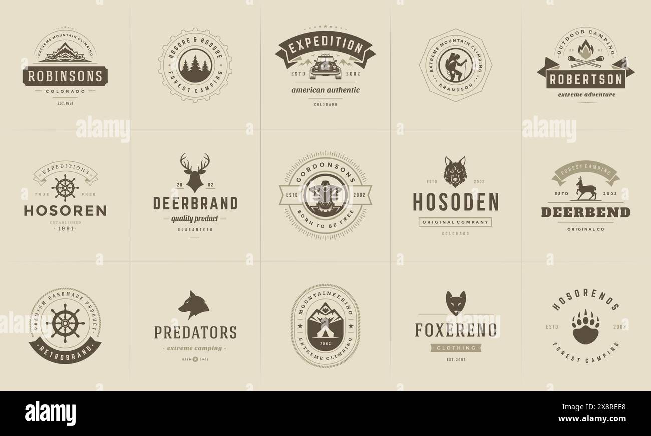 Camping Logos und Abzeichen Vorlagen Vektor Design Elemente und Silhouetten Set. Outdoor-Abenteuer Berge und Forest Camp Vintage Stil Embleme und l Stock Vektor