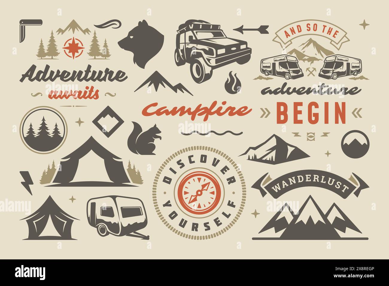 Camping und Outdoor-Abenteuer Design-Elemente Set, Zitate und Icons Vektor Illustration. Berge, wilde Tiere und andere. Gut für T-Shirts, Tassen, g Stock Vektor