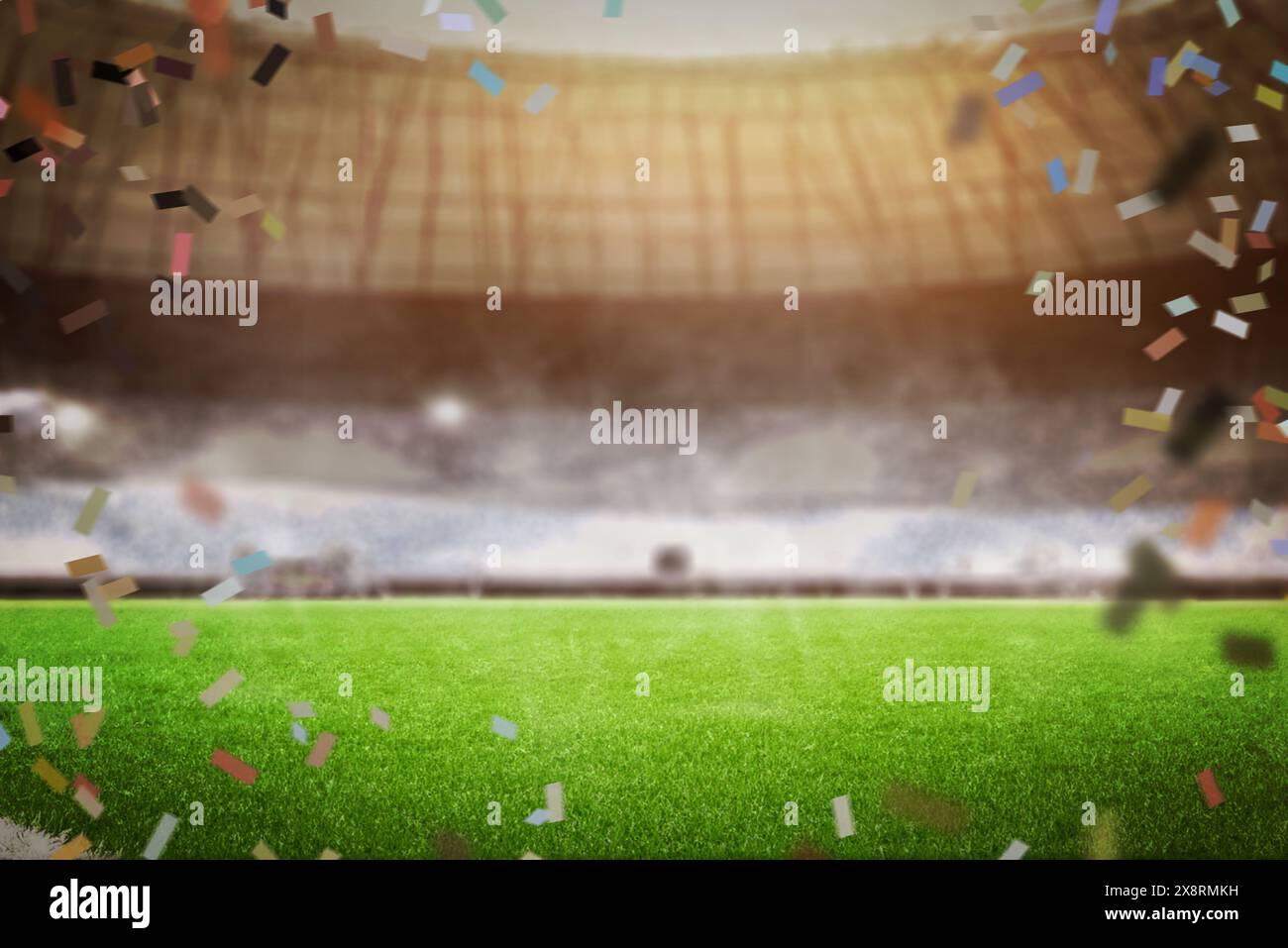 Konfetti in einer Fußballstadionfeier mit leerem Platz in der Mitte, perfekt für Produkt- oder Markenwerbung bei Sportveranstaltungen Stockfoto