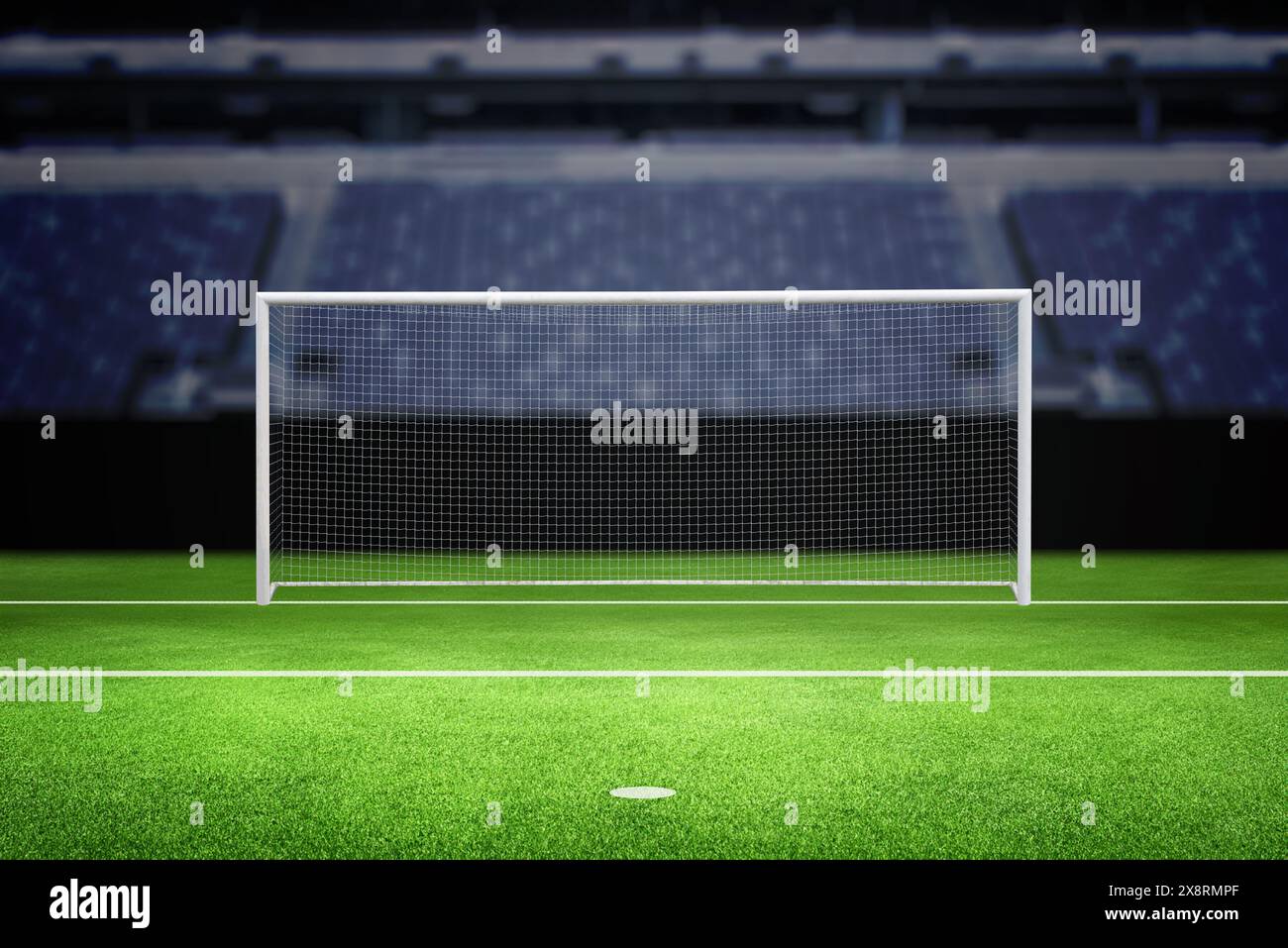 Leeres Fußballtor im Stadion, perfekt für Hintergrund oder Text- und Produktwerbung, mit sportlicher Atmosphäre Stockfoto