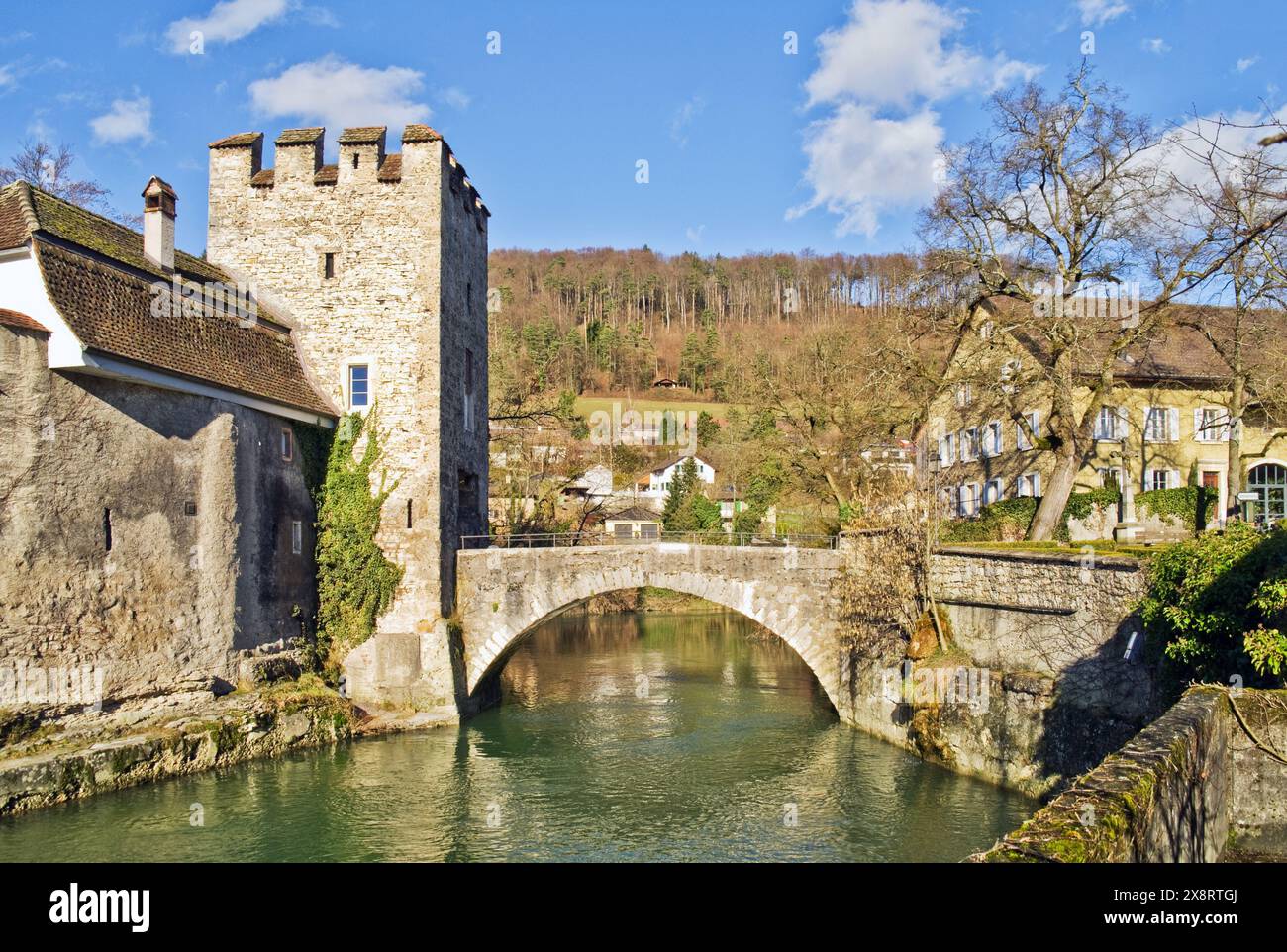 Zwingen, Zwingen BL, Laufental, Wasserschloss, Schloss, Baselland, Baselbiet, Wahrzeichen, Wasserschloss Zwingen Stockfoto