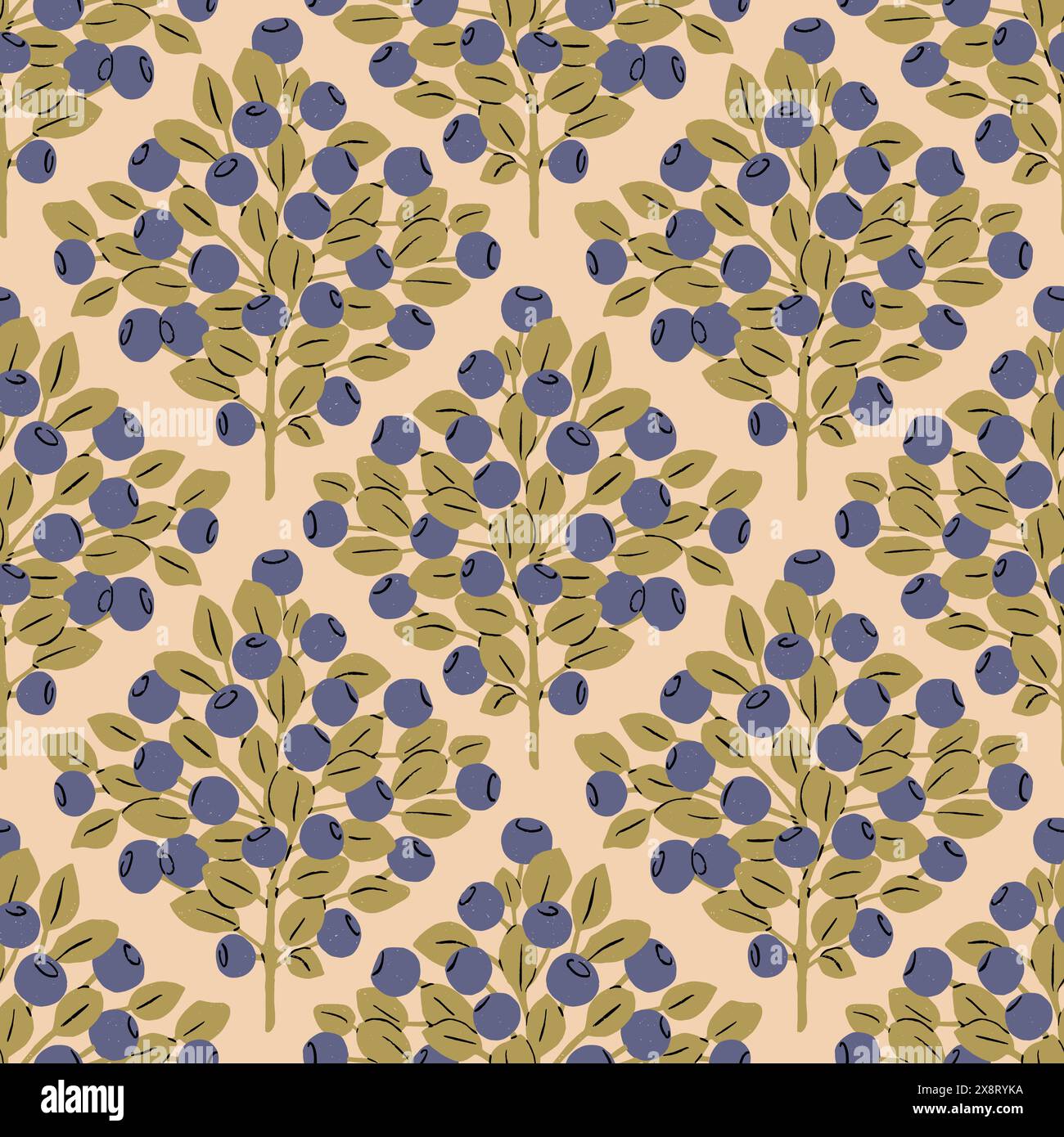Blaubeerzweige nahtloses Vektormuster. Trendige Kinderschablone mit Beeren für Stoff, Tapete, Geschenkpapier. Klassisches Diamanten-Vektor-Illustrat Stock Vektor