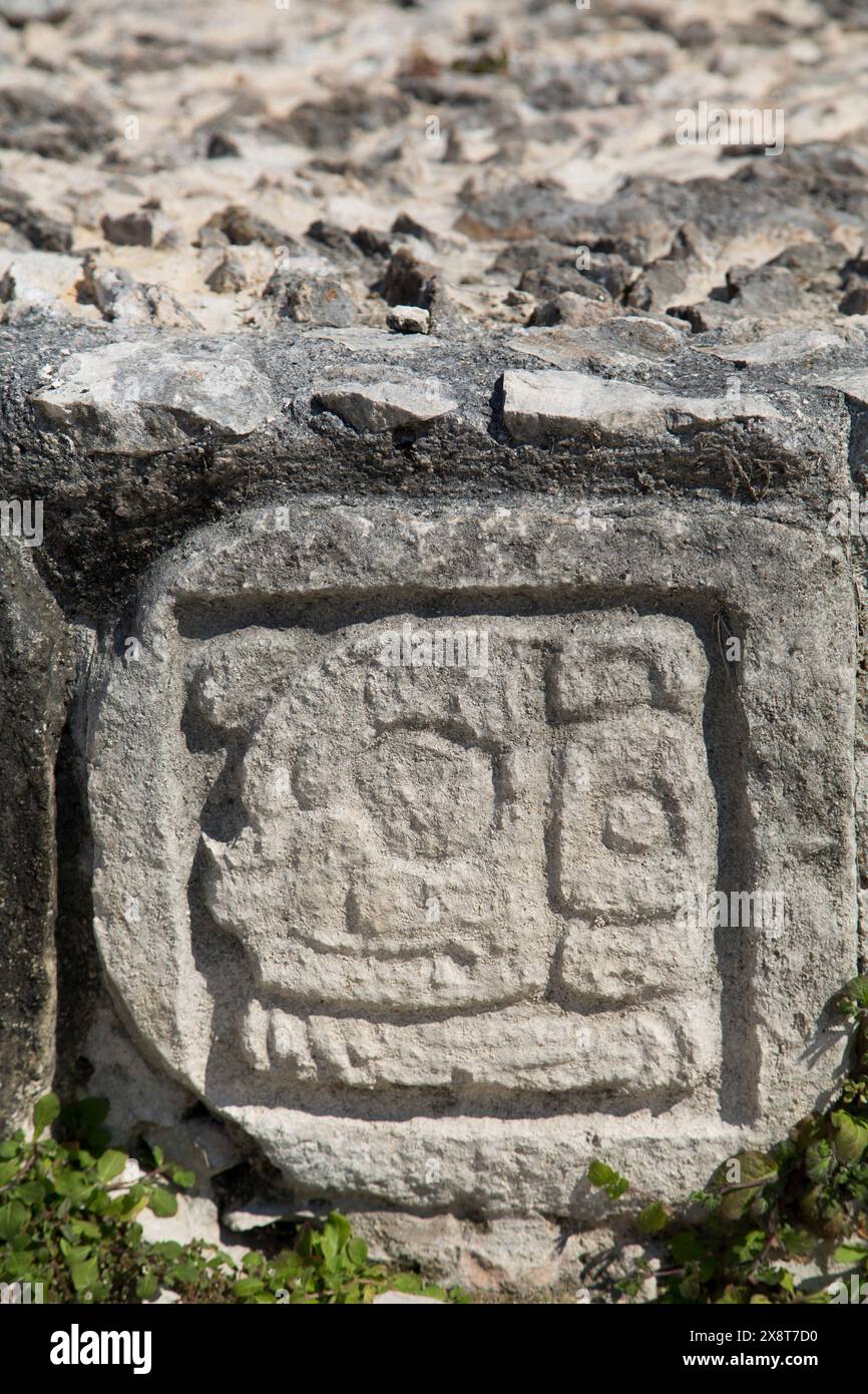 Stein gehauen Hieroglyphen, Struktur der fünf Etagen (Pisos), Edzna Maya-Ausgrabungsstätte, Campeche, Mexiko Stockfoto